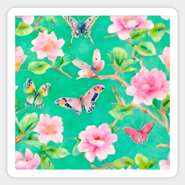 Preppy pink and green chinoiserie with peonies and butterflies Sticker by SophieClimaArt